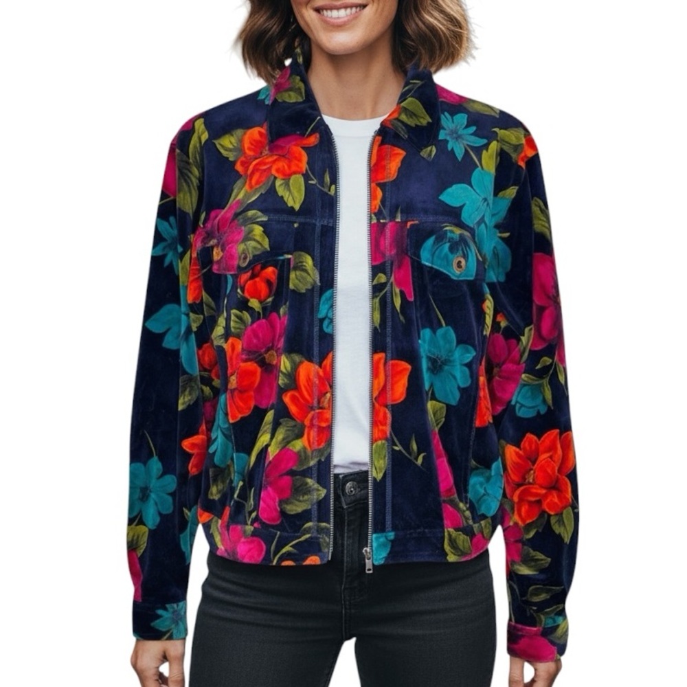 Carole Little Sport Vintage Velour Floral Jacket Size Large